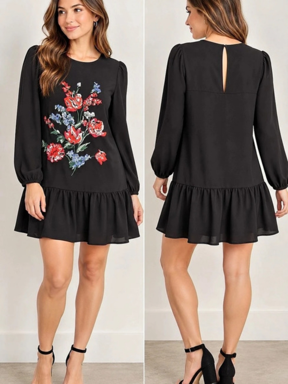 Express XS Black Floral Embroidered Long Sleeve Mini Dress